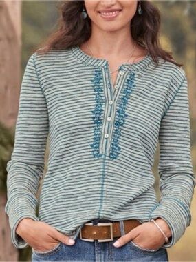 Sundance Cabin Cozy Up Henley Striped Embroidered Thermal Top Grey/Teal Size XL
